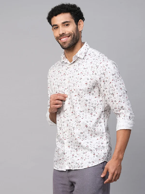 Men's White Cotton Slim Fit Printed Shirt