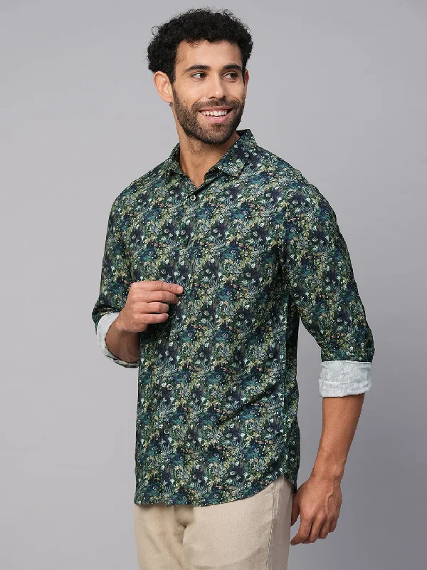 Men's Green Viscose Slim Fit Printed Shirt