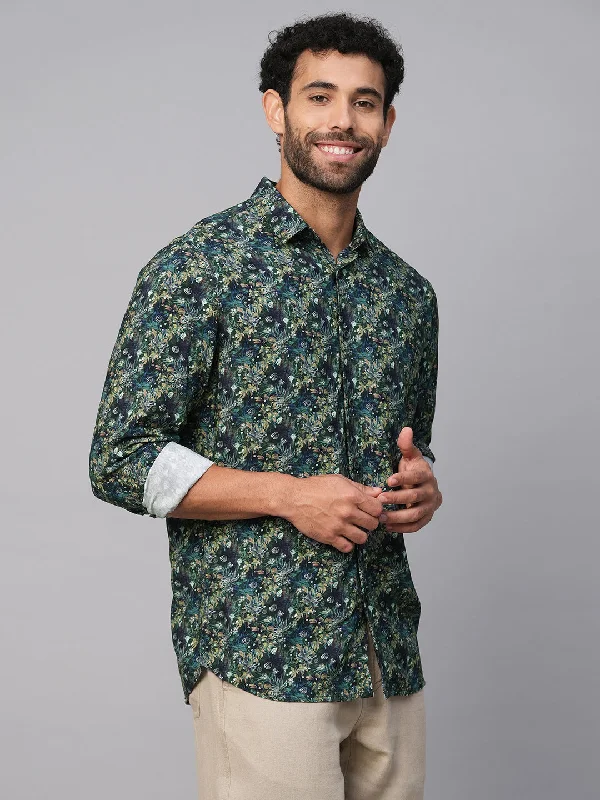 Men's Green Viscose Slim Fit Printed Shirt