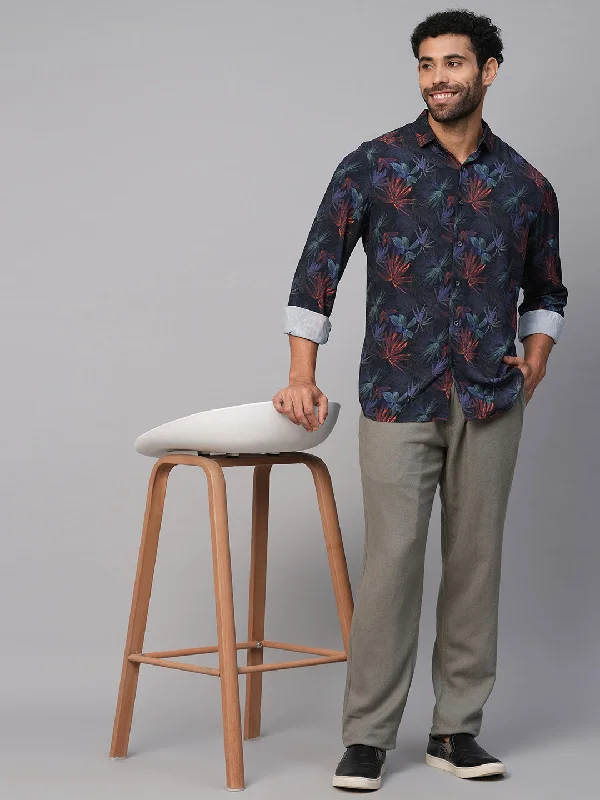 Men's Navy Viscose Slim Fit Printed Shirt