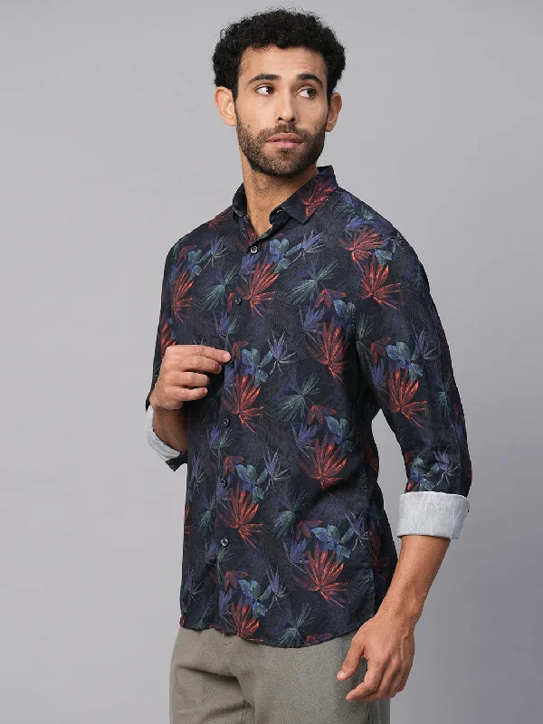 Men's Navy Viscose Slim Fit Printed Shirt