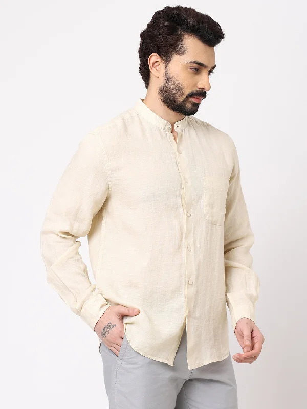 Men's Natural 100% Linen Long Sleeve Band Collar Regular Fit Shirt