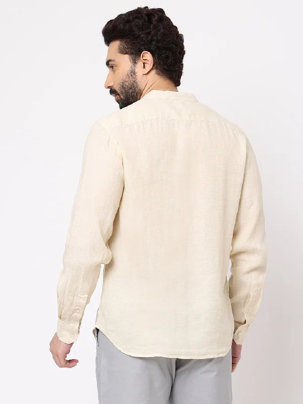 Men's Natural 100% Linen Long Sleeve Band Collar Regular Fit Shirt