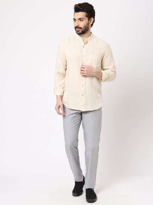 Men's Natural 100% Linen Long Sleeve Band Collar Regular Fit Shirt