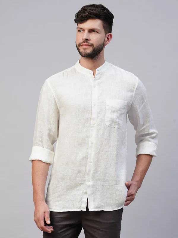 Men's White 100% Linen Regular Fit Mandarin Collar Long Sleeved Shirt