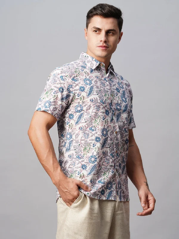 Men's Blue Cotton Regular Fit Printed Shirt