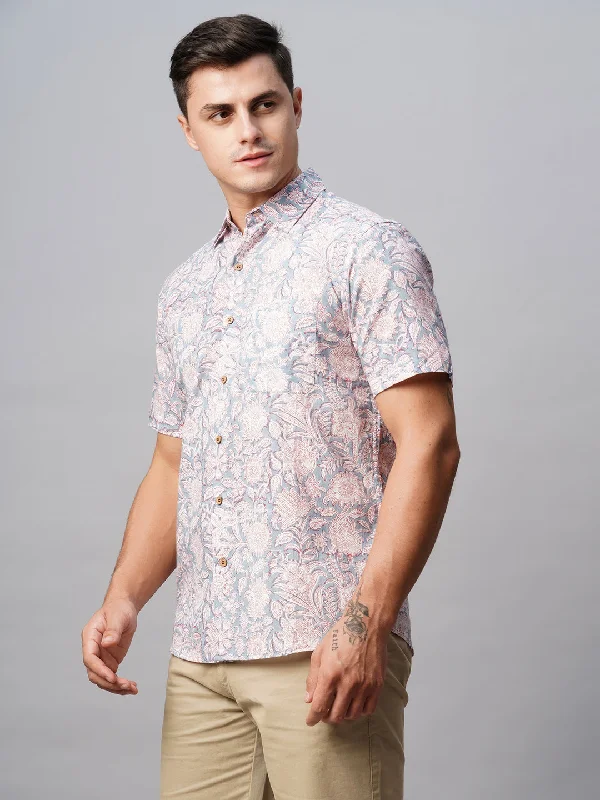 Men's Silver Cotton Regular Fit Printed Shirt