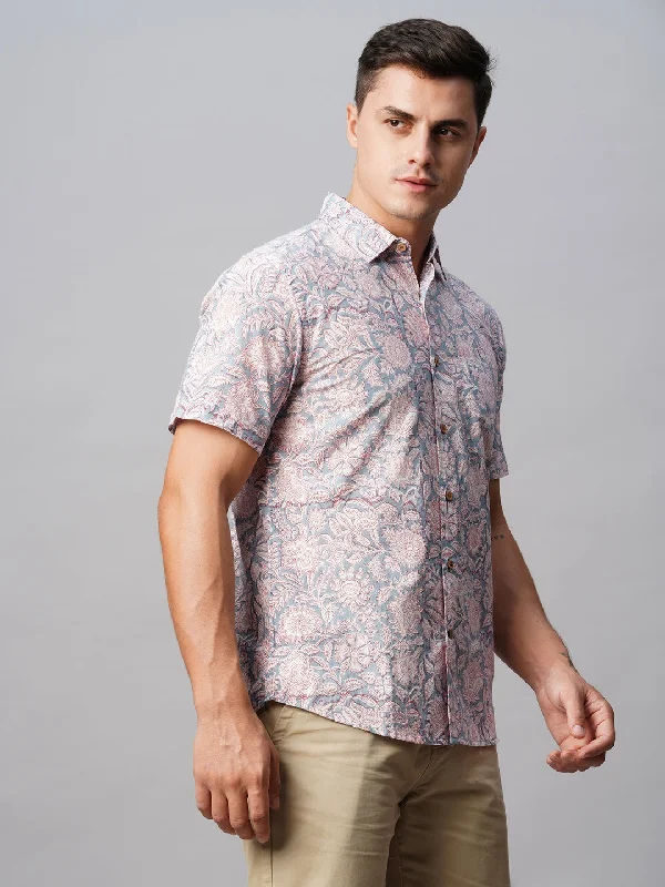 Men's Silver Cotton Regular Fit Printed Shirt