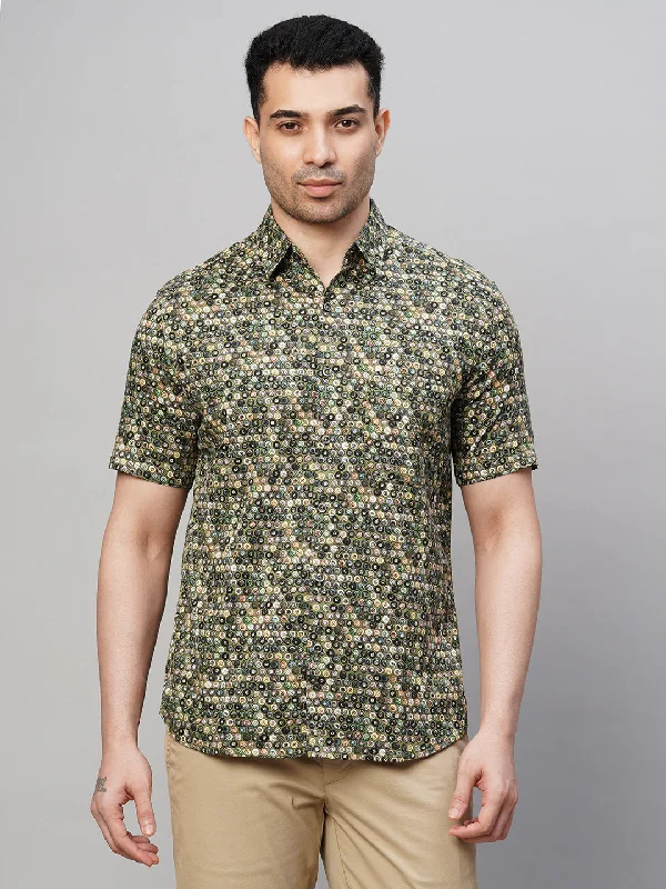 Men's Green Cotton Regular Fit Printed Shirt