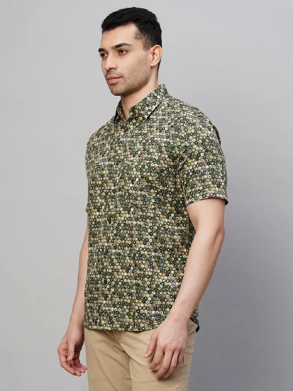 Men's Green Cotton Regular Fit Printed Shirt