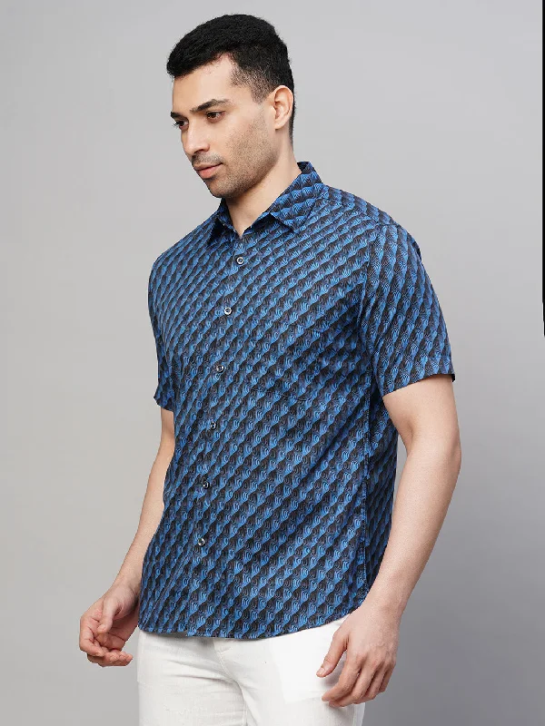 Men's Navy Cotton Regular Fit Printed Shirt