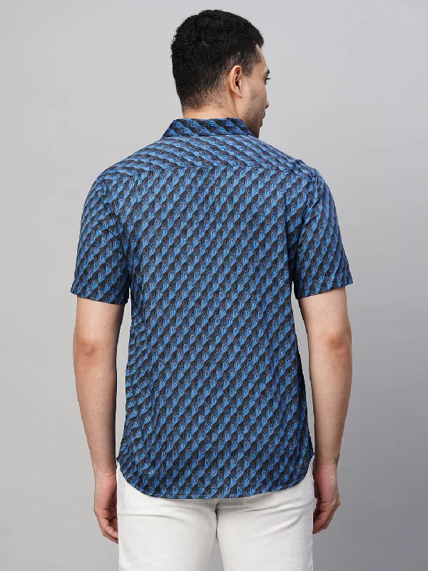 Men's Navy Cotton Regular Fit Printed Shirt