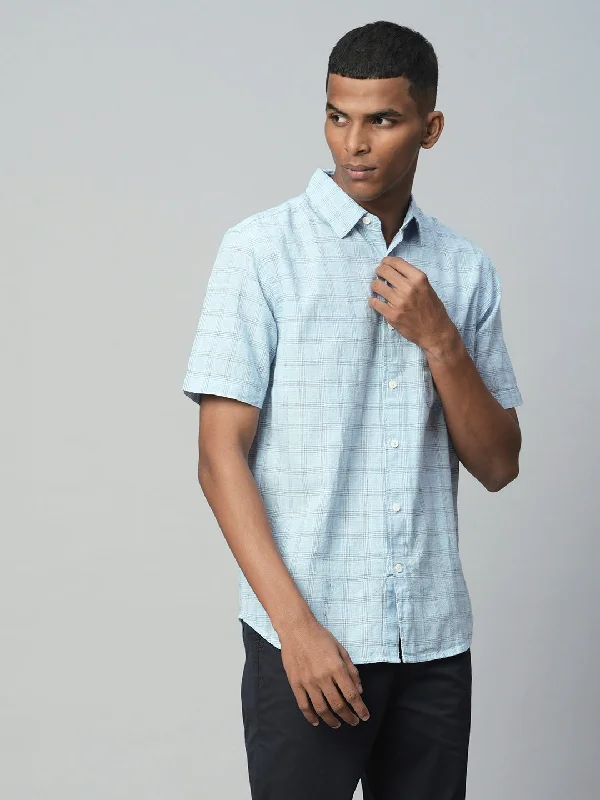 Men's Blue Linen Cotton Regular Fit Checked Shirt