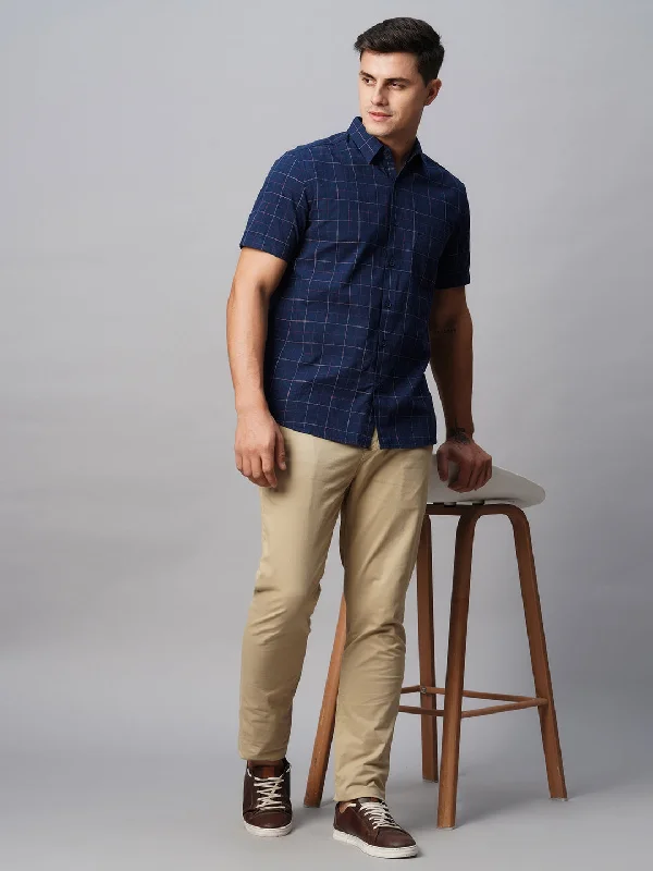 Men's Navy Cotton Regular Fit Checked Shirt