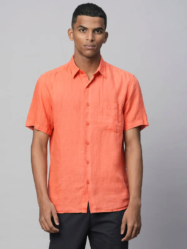 Men's Orange 100% Linen Regular Fit Short Sleeved Shirt