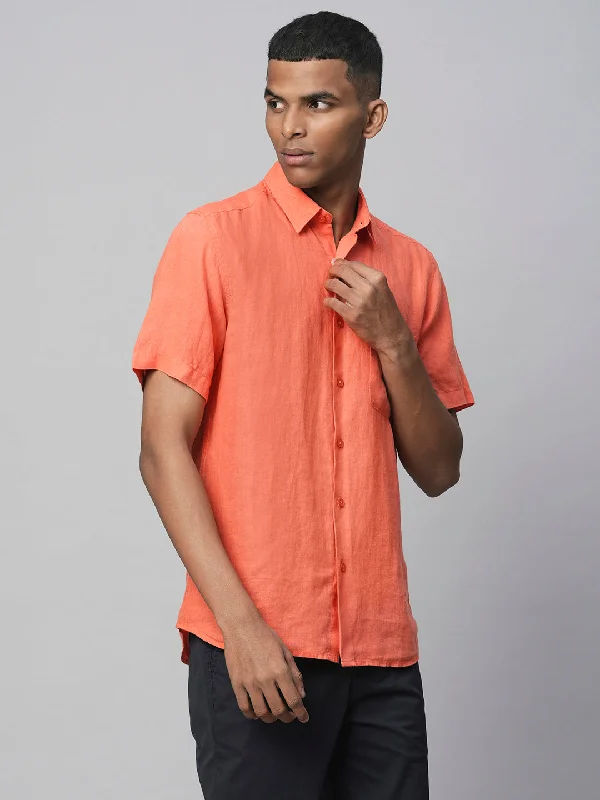 Men's Orange 100% Linen Regular Fit Short Sleeved Shirt