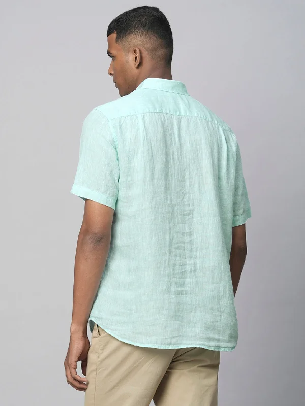 Men's Mint Green 100% Linen Regular Fit Short Sleeved Shirt