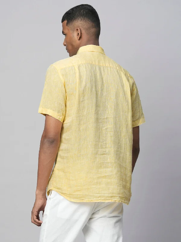 Men's Yellow 100% Linen Regular Fit Short Sleeved Shirt