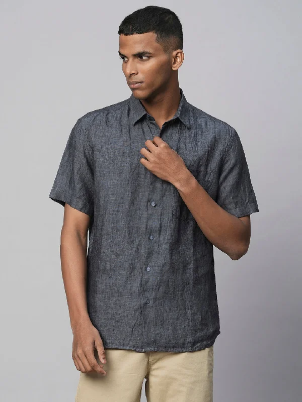 Men's 100% Linen Navy Regular Fit Short Sleeved Shirt