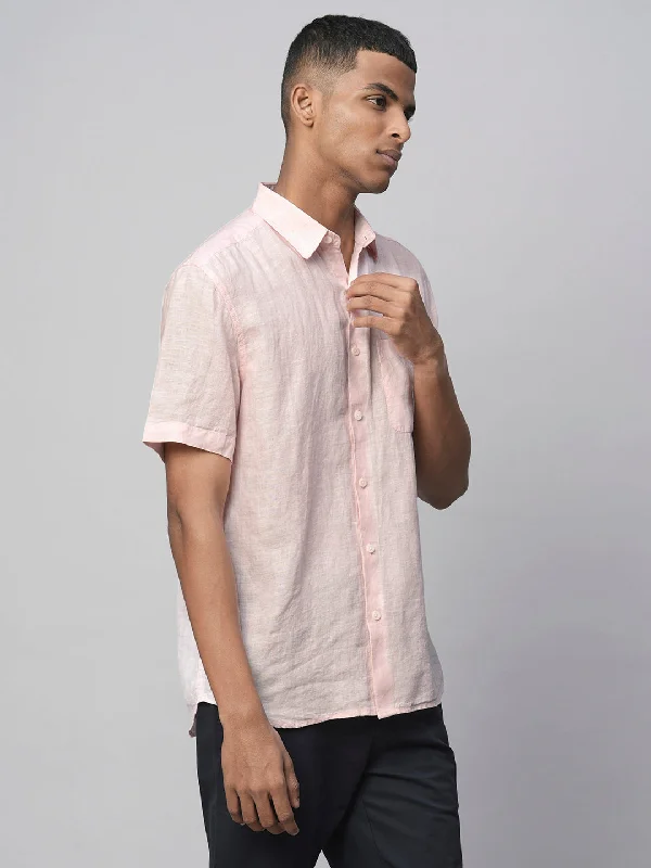 Men's 100% Linen Pink Regular Fit Short Sleeved Shirt