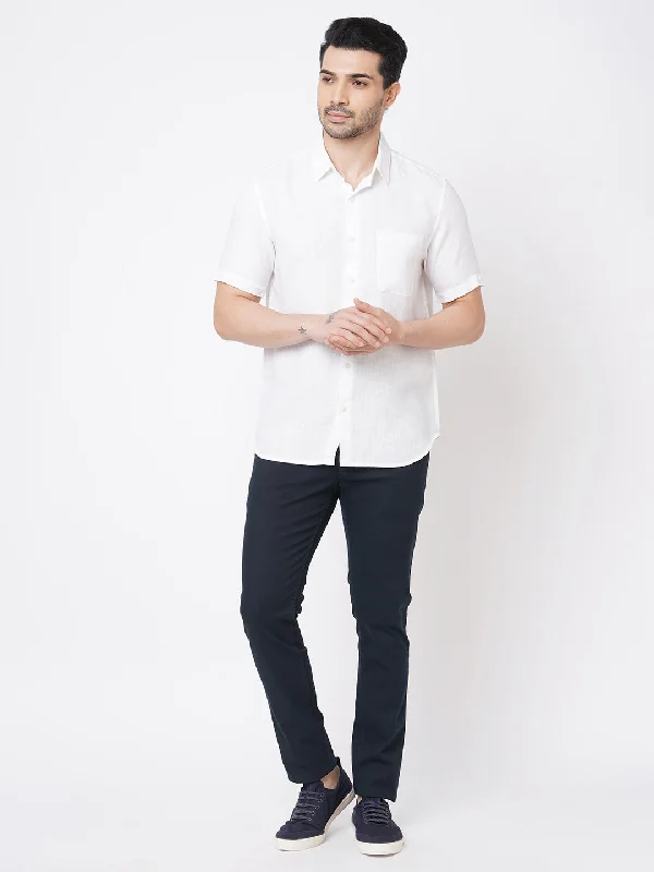 Men's White 100% Linen Regular Fit Short Sleeved Shirt