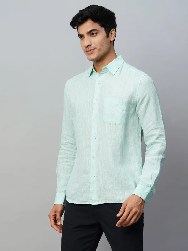 Men's Mint Green 100% Linen Regular Fit Long Sleeved Shirt