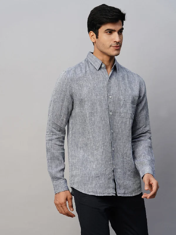 Men's Navy 100% Linen Regular Fit Long Sleeved Shirt