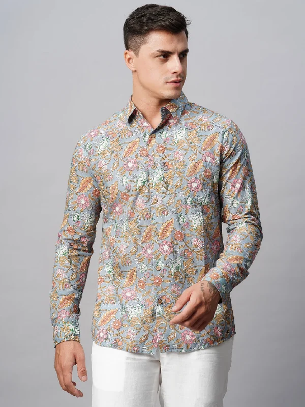 Men's Grey Cotton Regular Fit Printed Shirt