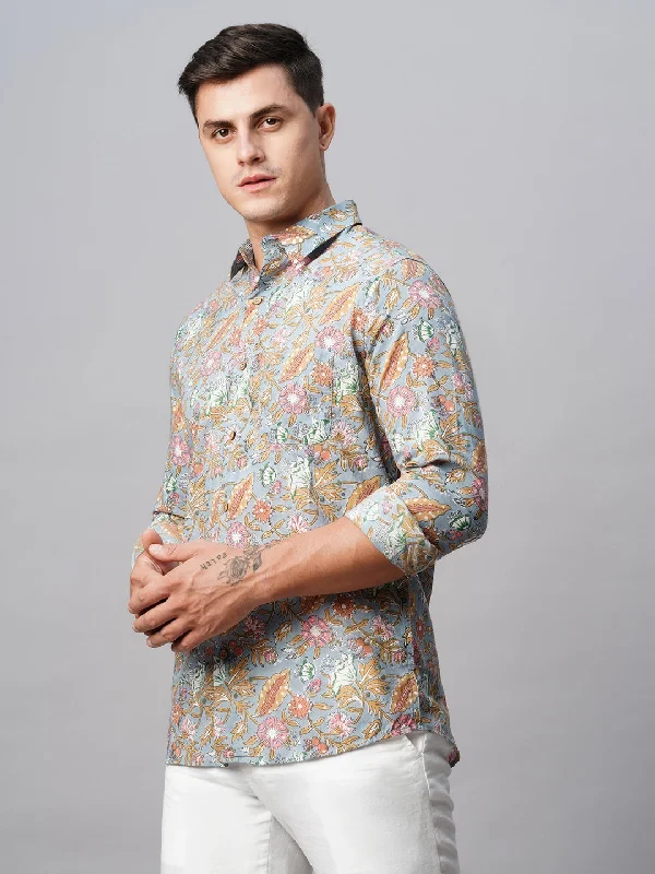 Men's Grey Cotton Regular Fit Printed Shirt