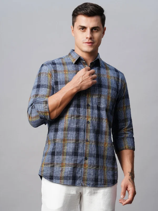 Men's Navy Cotton Regular Fit Checked Shirt