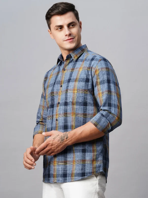 Men's Navy Cotton Regular Fit Checked Shirt