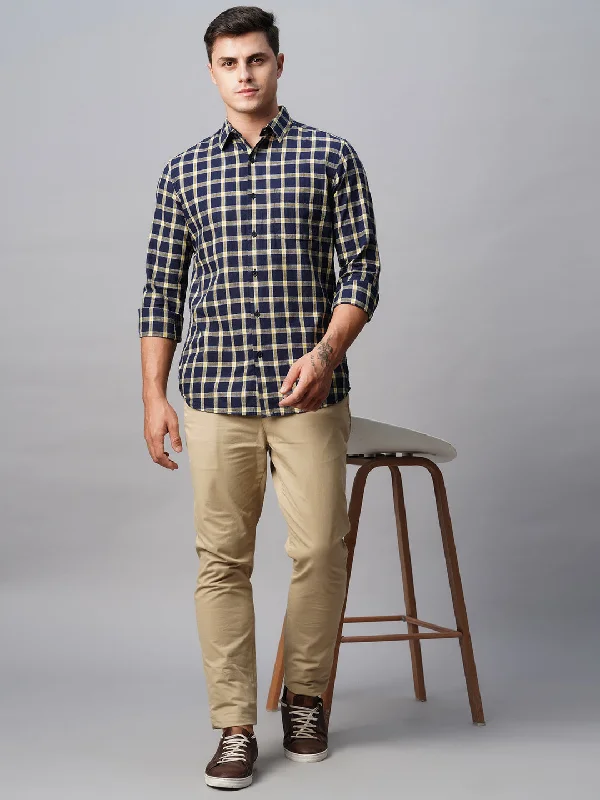 Men's Navy Cotton Regular Fit Checked Shirt