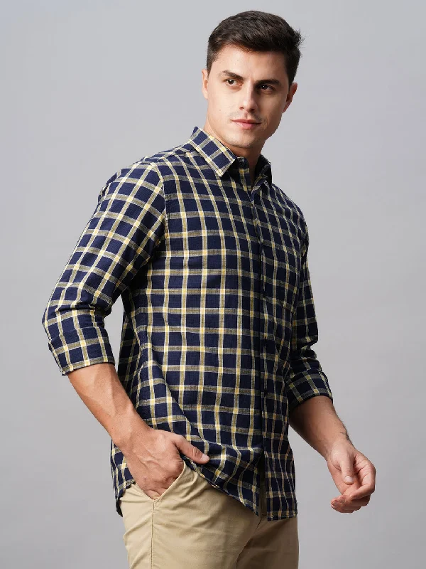 Men's Navy Cotton Regular Fit Checked Shirt