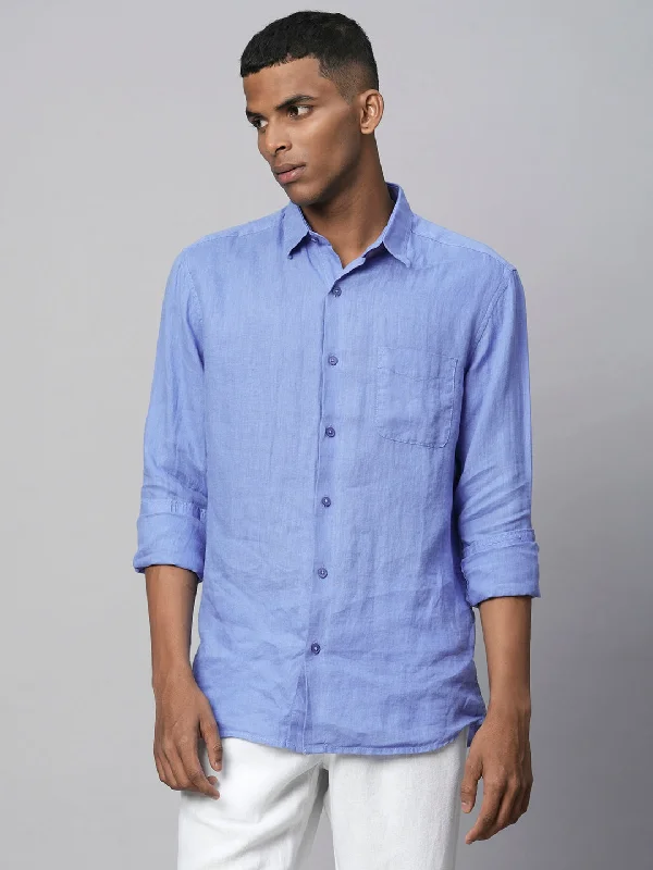 Men's Blue 100% Linen Regular Fit Long Sleeved Shirt