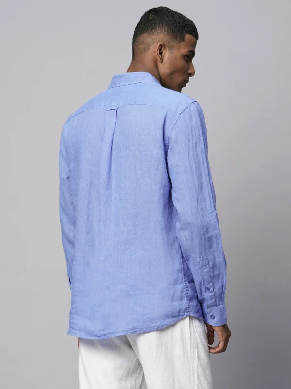 Men's Blue 100% Linen Regular Fit Long Sleeved Shirt