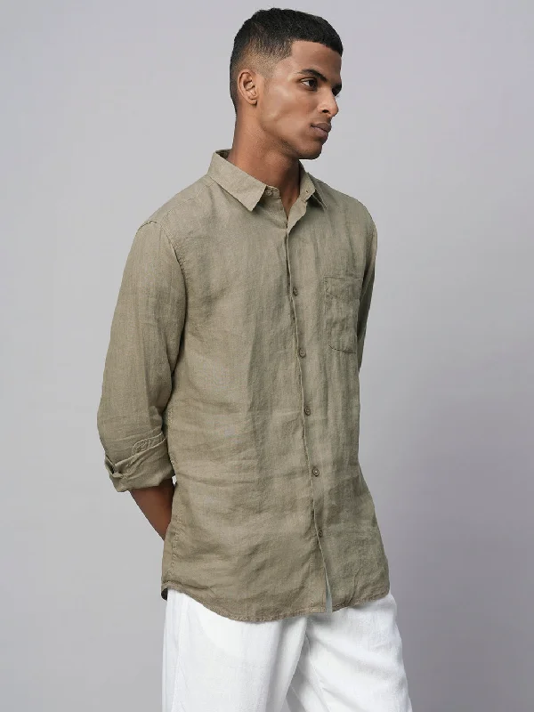 Men's Brown 100% Linen Regular Fit Long Sleeved Shirt