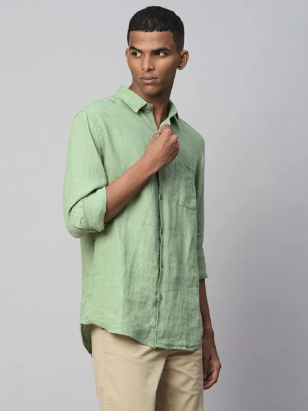 Men's 100% Linen Green Regular Fit Long Sleeved Shirt