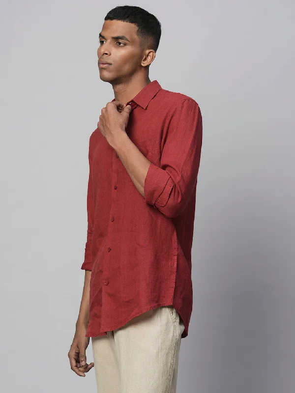 Men's 100% Linen Red Regular Fit Long Sleeved Shirt