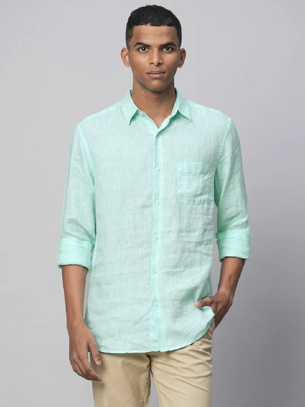 Men's Mint Green 100% Linen Regular Fit Long Sleeved Shirt