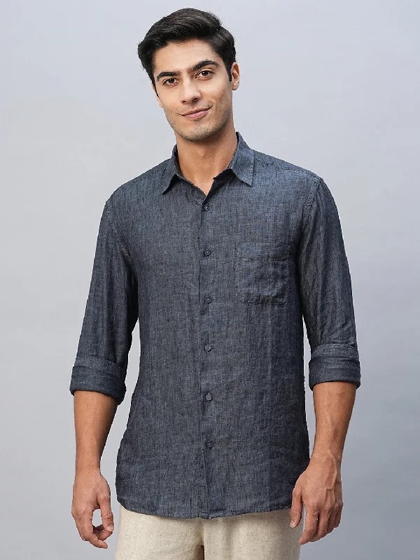 Men's 100% Linen Navy Regular Fit Long Sleeved Shirt