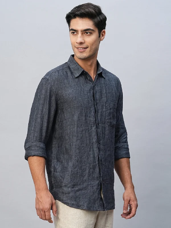 Men's 100% Linen Navy Regular Fit Long Sleeved Shirt