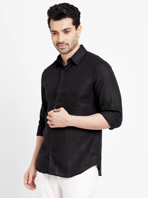 Men's Black 100% Linen Regular Fit Long Sleeved Shirt