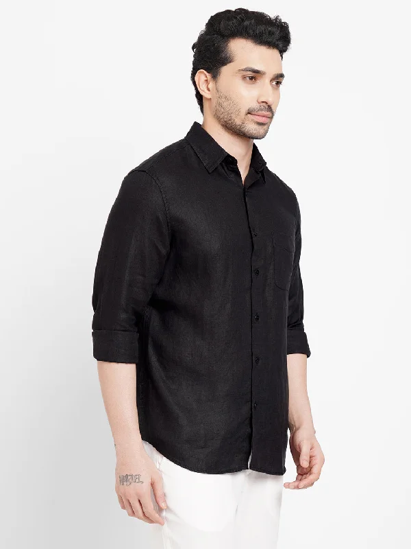 Men's Black 100% Linen Regular Fit Long Sleeved Shirt