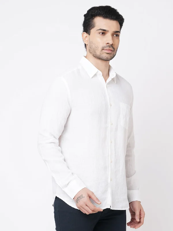 Men's 100% Linen White Regular Fit Long Sleeved Shirt