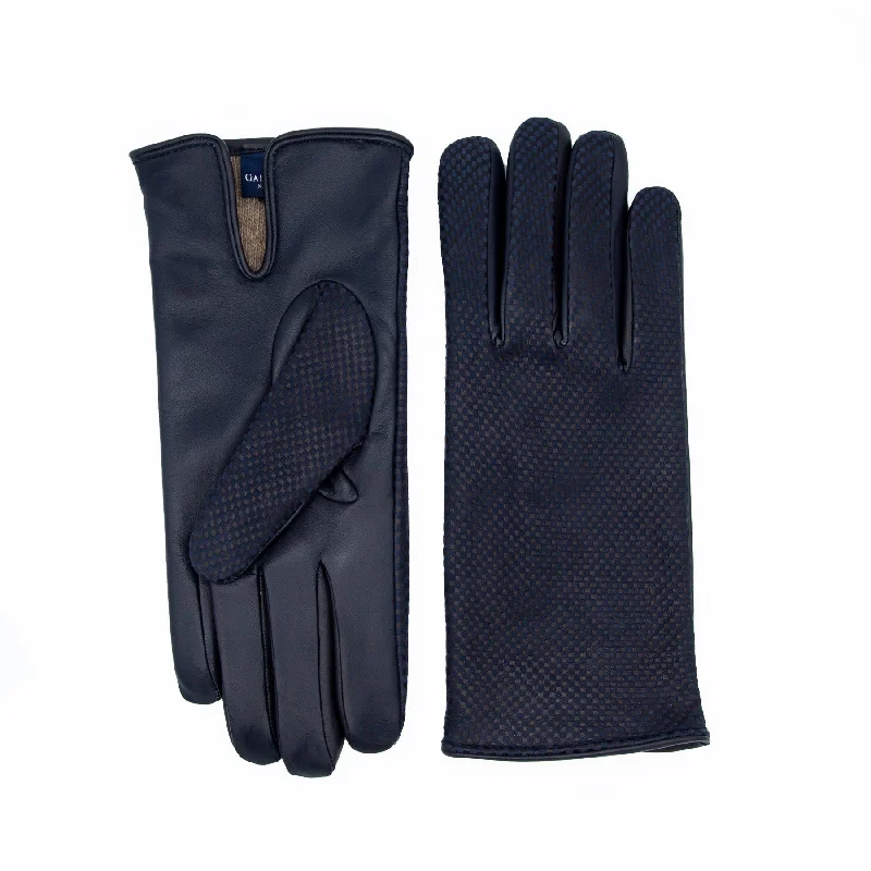 Men's navy  printed top and touchscreen nappa leather gloves with  cashmere lining