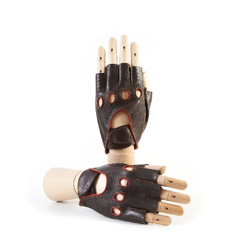 Men's brown leather half fingers driving gloves with strap closure