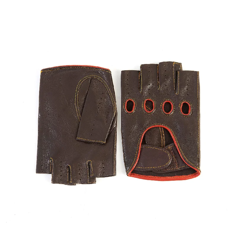 Men's brown leather half fingers driving gloves with strap closure