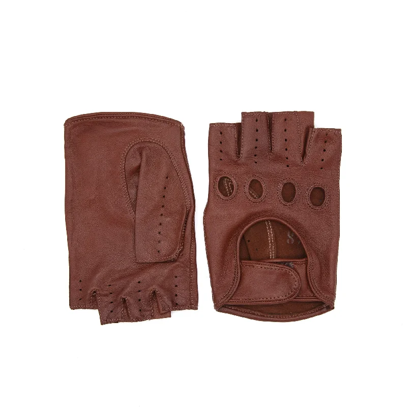 Men's cognac leather half fingers driving gloves with strap closure