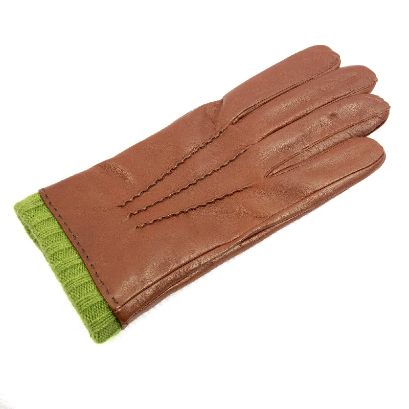 Men's cognac nappa leather gloves with coloured cashmere lining and cuff