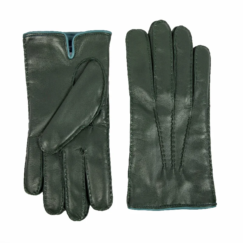 Men's fully hand-stitched green nappa leather gloves and cashmere lining